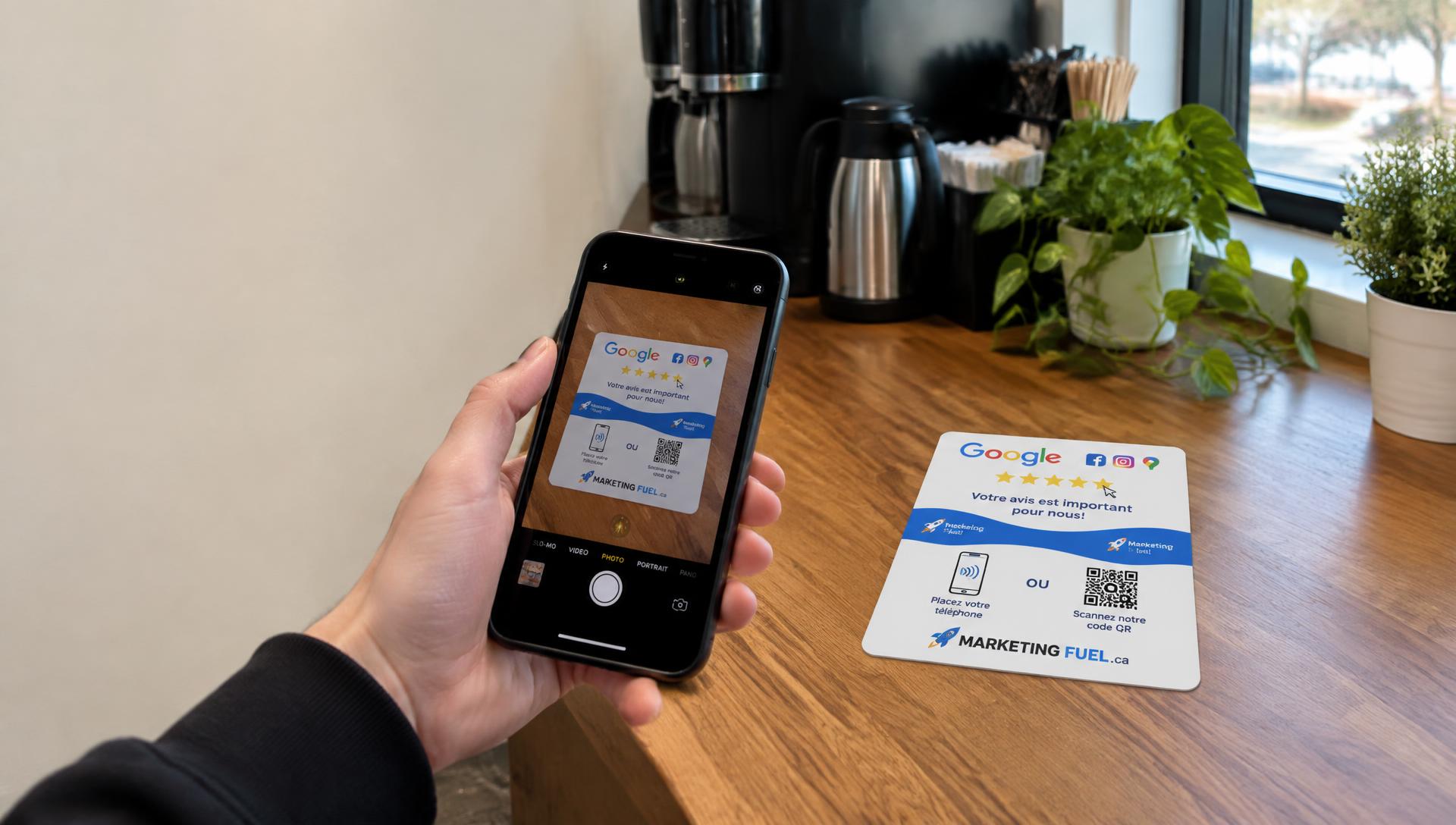 Pad d’avis Google avec code QR sur un comptoir de café